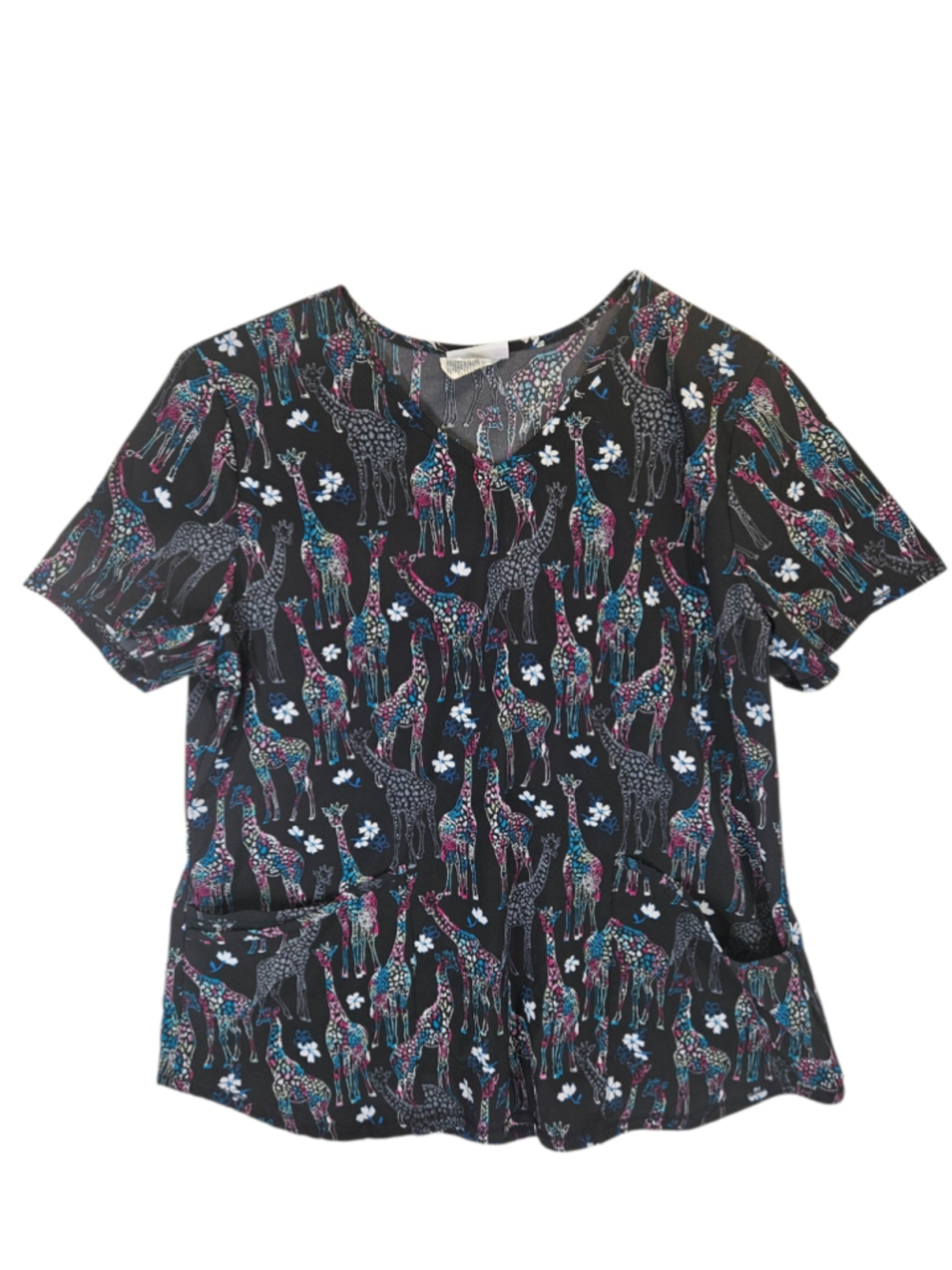 Women's Scrub Star Safari Giraffe Floral Scrub Top Size L Medical Uniform